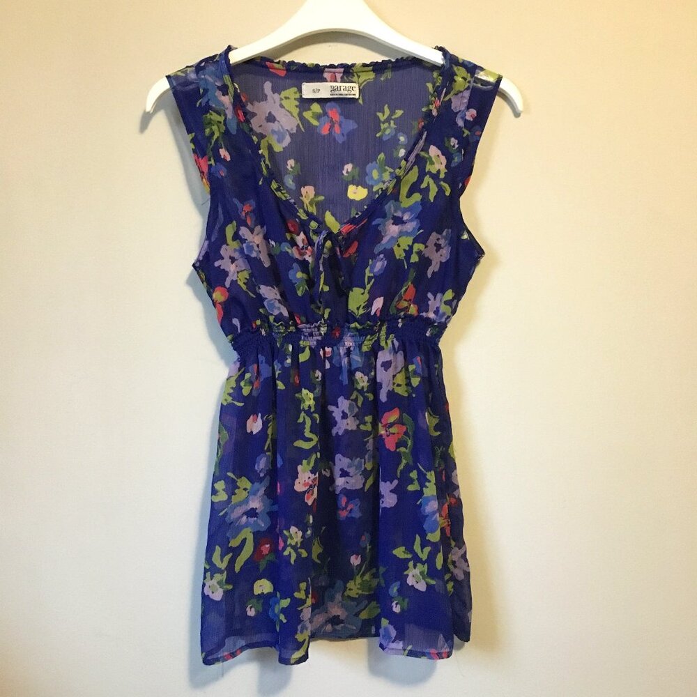 Garage Sheer Blue Floral Empress Waist Coquette Sleeveless Top Small